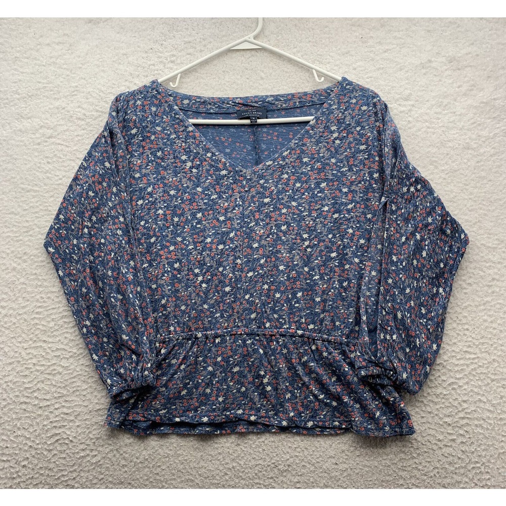 Lucky Brand‎ Blouse Womens Medium M Blue Shirt Cold Shoulder Slit Sleeve Cinched